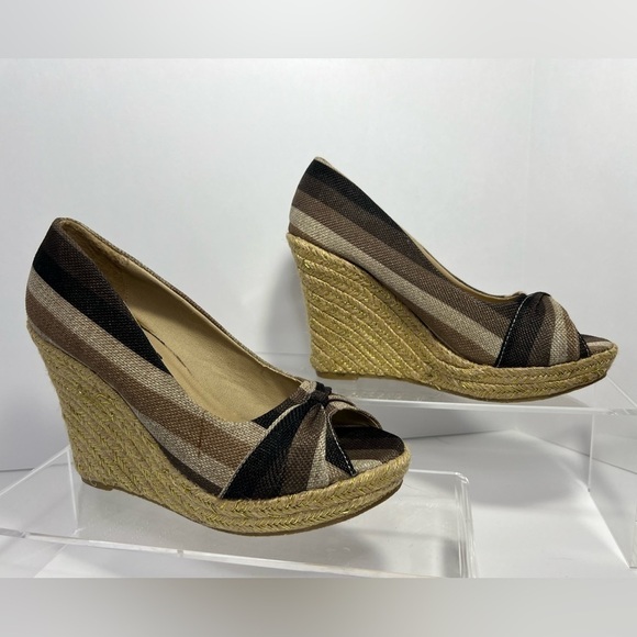 Rue21 ETC Brown Beige Stripe Jute Platform Peep Toe Wedge Womens size 8 9 Large - Picture 1 of 9